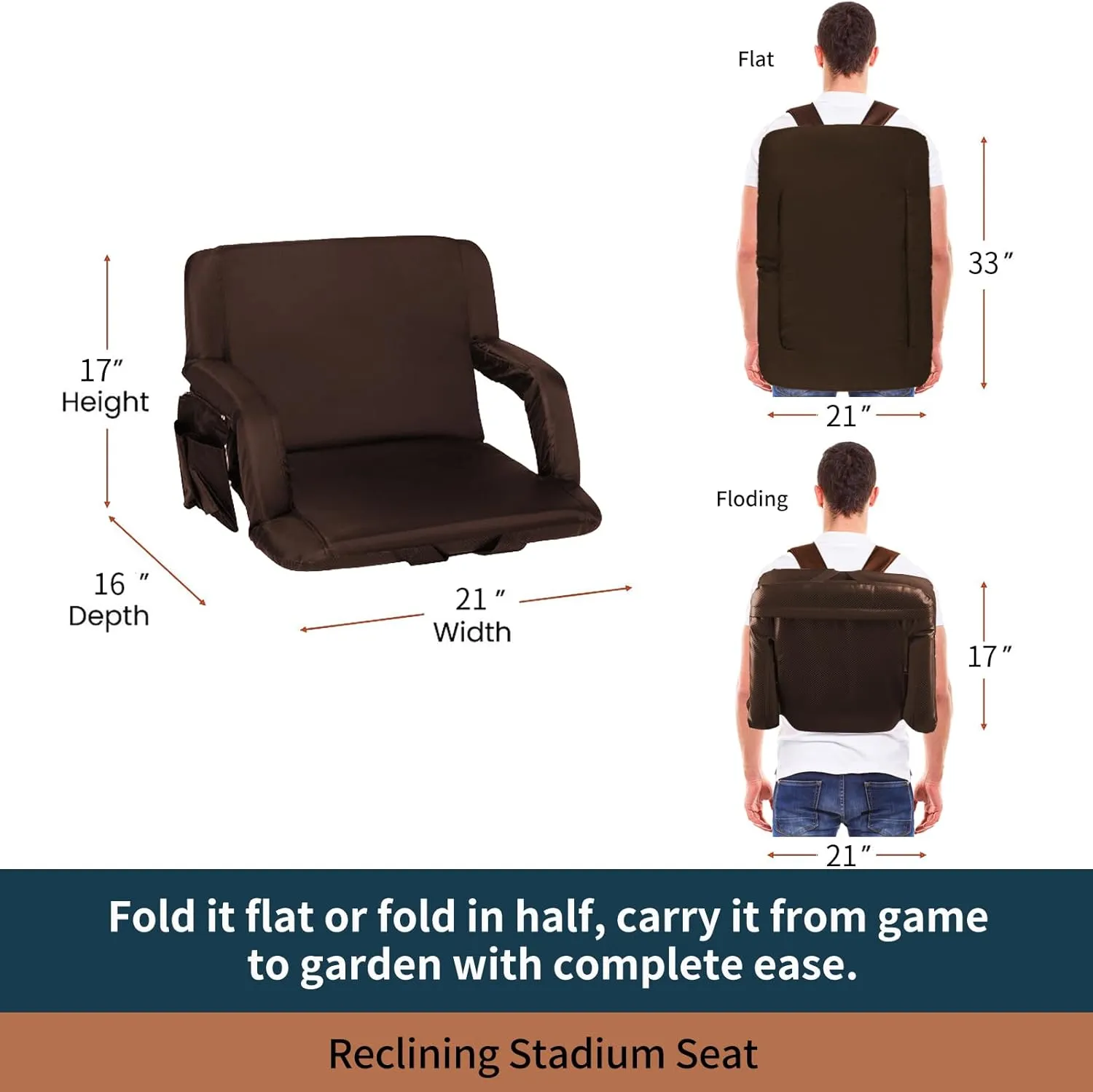 Stadium Bleacher Seats with Back Support, Reclining Chair, Padded Cushion, Armrests(Brown,1-Pack)…