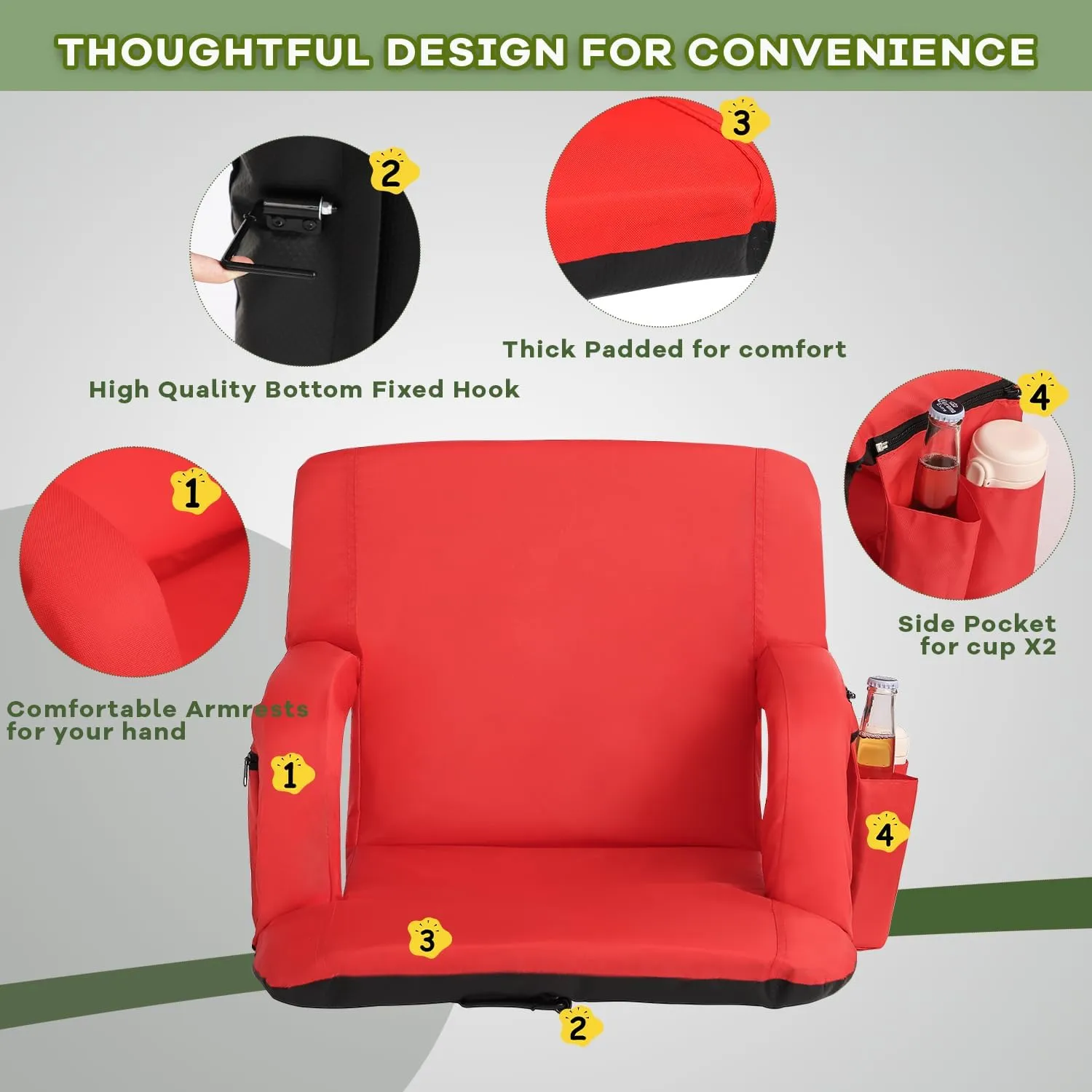 Stadium Seats for Bleachers-3 Heat Settings Backrest&Seat Cushion with Support, Portable Folding Stadium Chair with 6 Reclining, Storage Cup Holder for Football Games/Camping/Concerts (Regular, Red)