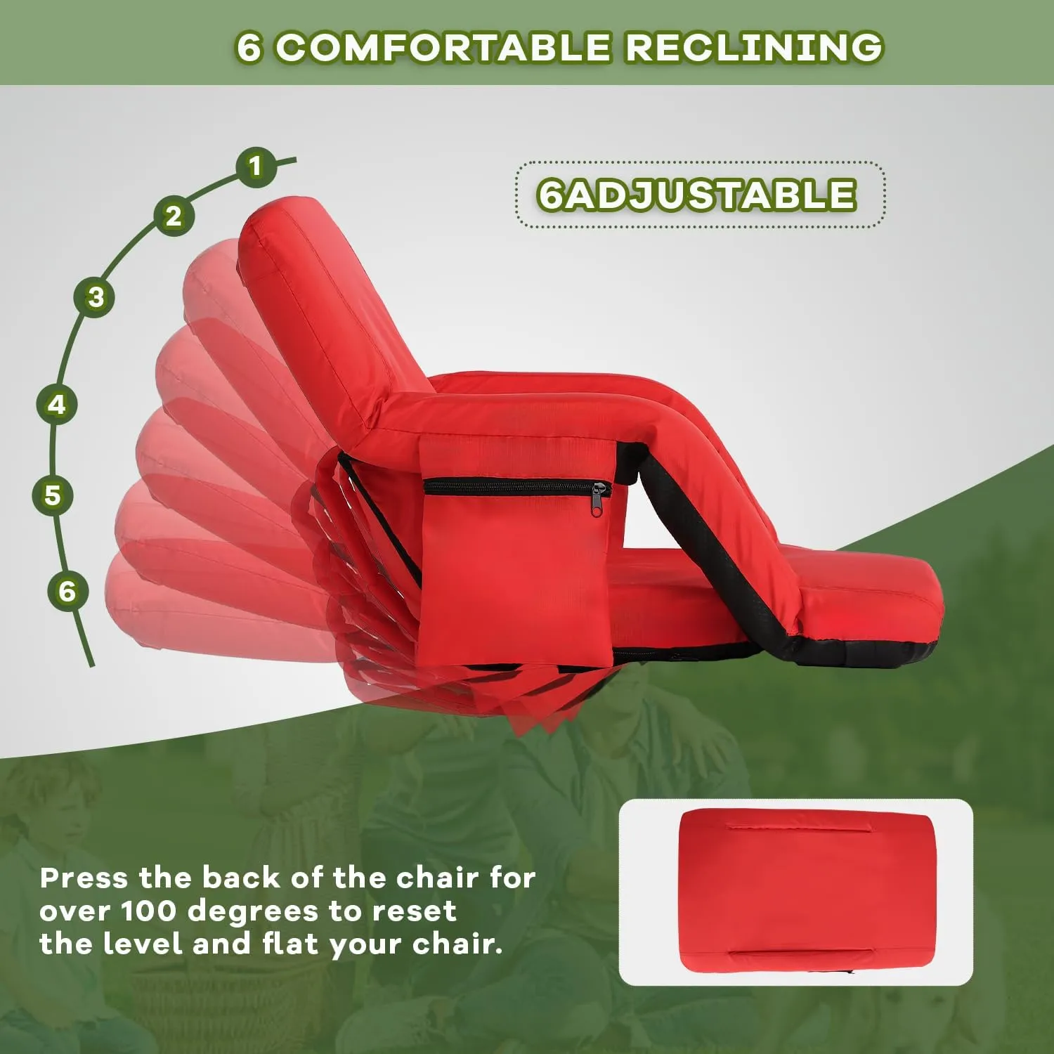 Stadium Seats for Bleachers-3 Heat Settings Backrest&Seat Cushion with Support, Portable Folding Stadium Chair with 6 Reclining, Storage Cup Holder for Football Games/Camping/Concerts (Regular, Red)