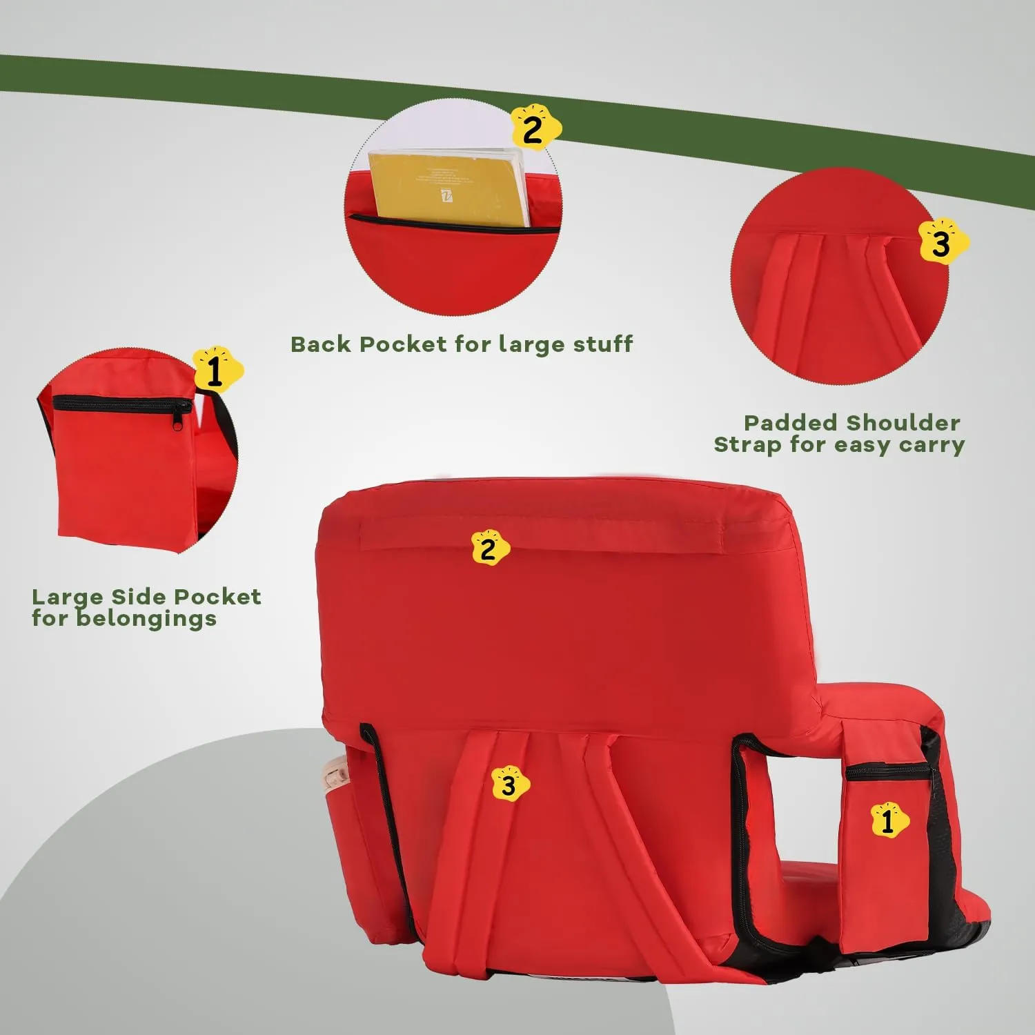 Stadium Seats for Bleachers-3 Heat Settings Backrest&Seat Cushion with Support, Portable Folding Stadium Chair with 6 Reclining, Storage Cup Holder for Football Games/Camping/Concerts (Regular, Red)