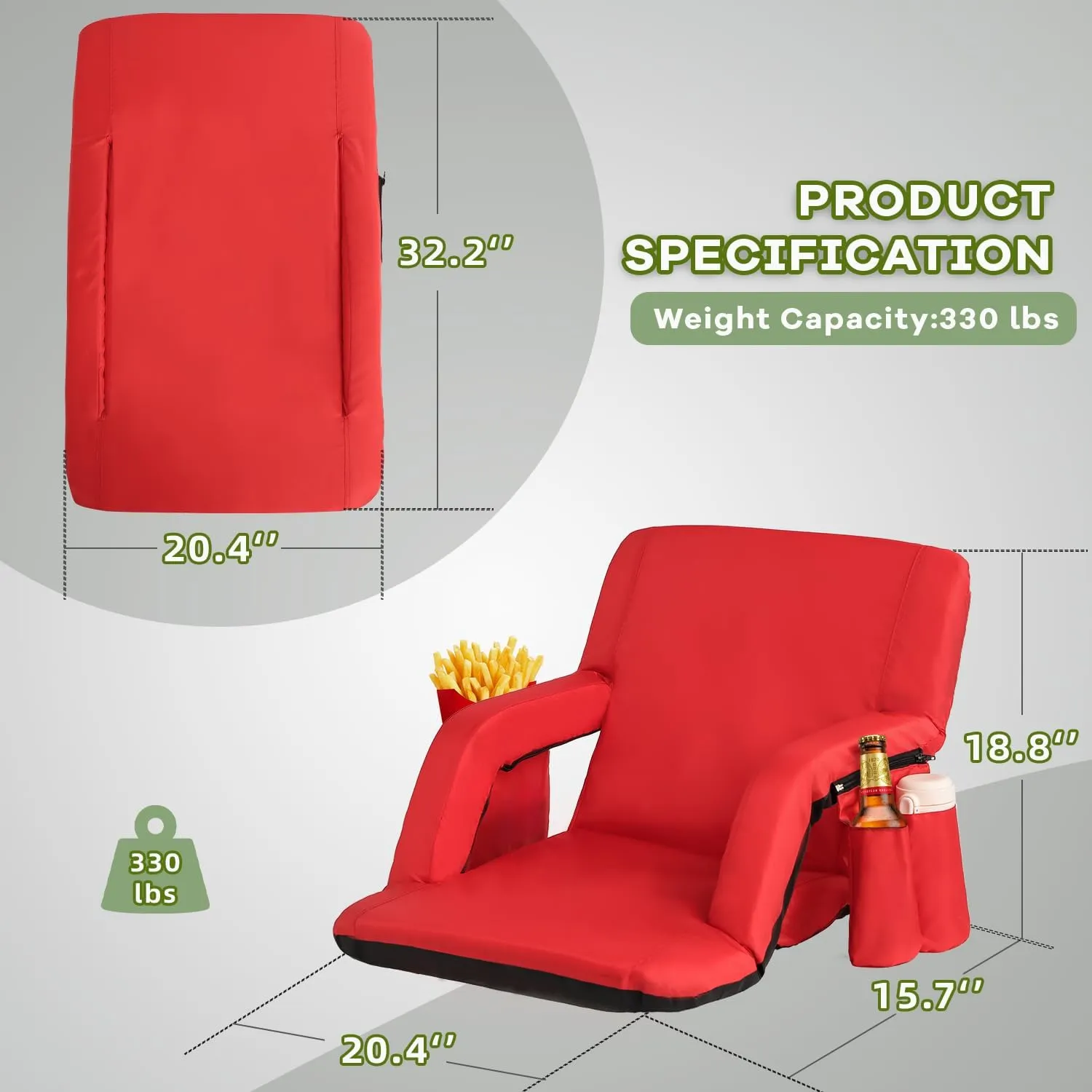 Stadium Seats for Bleachers-3 Heat Settings Backrest&Seat Cushion with Support, Portable Folding Stadium Chair with 6 Reclining, Storage Cup Holder for Football Games/Camping/Concerts (Regular, Red)