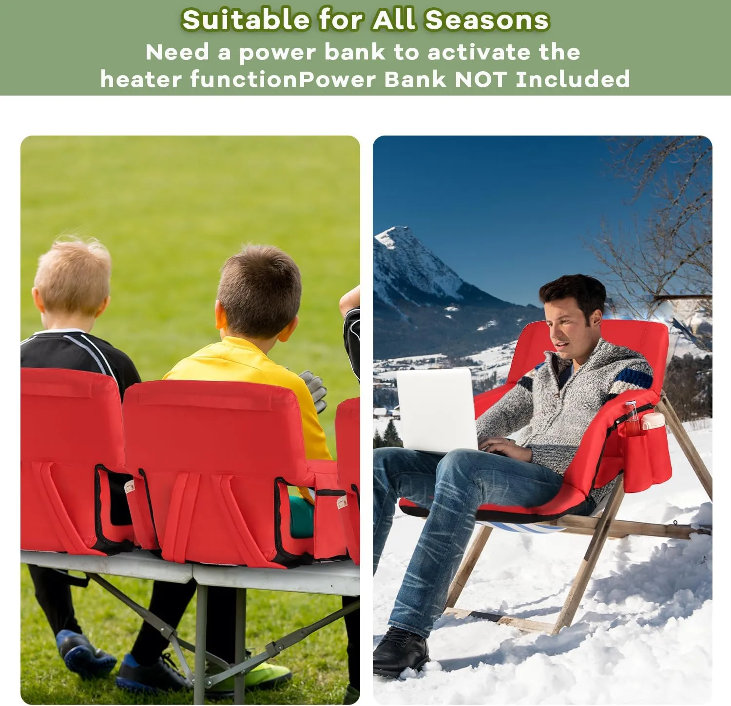 Stadium Seats for Bleachers-3 Heat Settings Backrest&Seat Cushion with Support, Portable Folding Stadium Chair with 6 Reclining, Storage Cup Holder for Football Games/Camping/Concerts (Regular, Red)