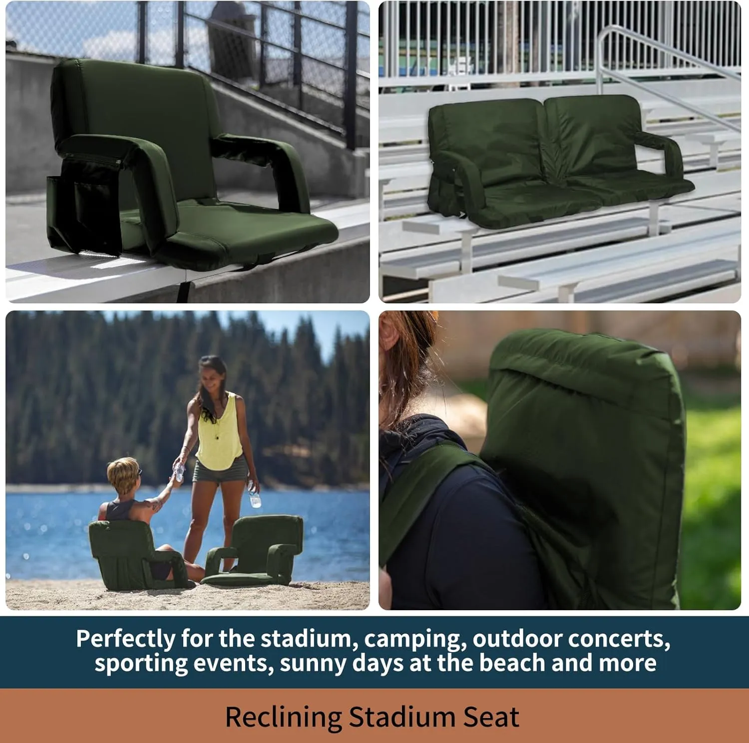 Stadium Seats for Bleachers with Back Support,Reclining Stadium Seats Chair with Padded Cushion Chair Back and Armrest Support (Green 2-Pack)