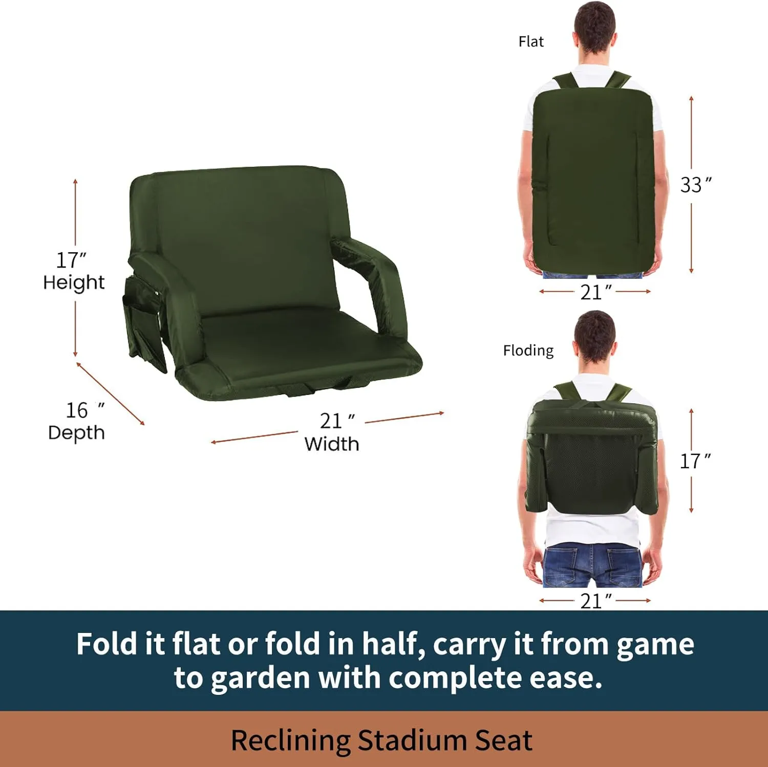 Stadium Seats for Bleachers with Back Support,Reclining Stadium Seats Chair with Padded Cushion Chair Back and Armrest Support (Green 2-Pack)