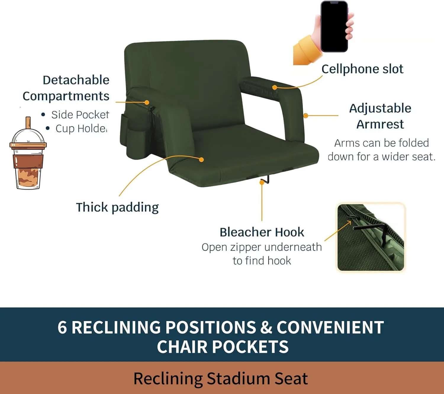 Stadium Seats for Bleachers with Back Support,Reclining Stadium Seats Chair with Padded Cushion Chair Back and Armrest Support (Green 2-Pack)