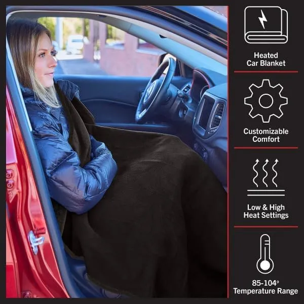 Stalwart Heated Car Blanket - 12V Heated Blanket for Car, Truck, RV or Camping - 59x43” Portable Electric Travel Throw - 2 Heat Levels - Tailgating Essentials (Black)