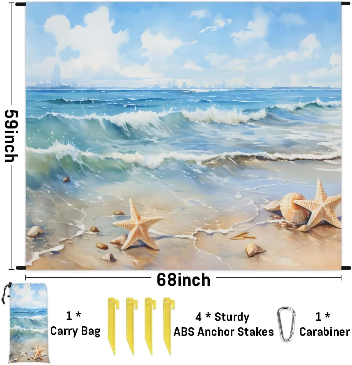 Starfish Beach Blanket, Sandproof Beach Mat, 68 x 59 Waterproof Quick Drying Sand Free Mat with 4 x Ground Spikes for Outdoor Travel Camping Hiking, Beach Starfish