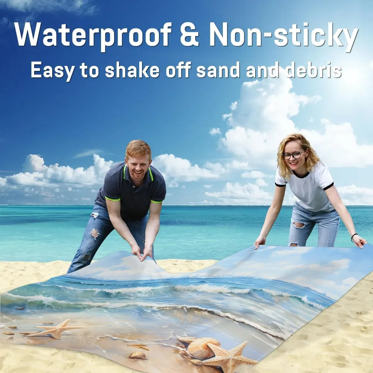 Starfish Beach Blanket, Sandproof Beach Mat, 68 x 59 Waterproof Quick Drying Sand Free Mat with 4 x Ground Spikes for Outdoor Travel Camping Hiking, Beach Starfish