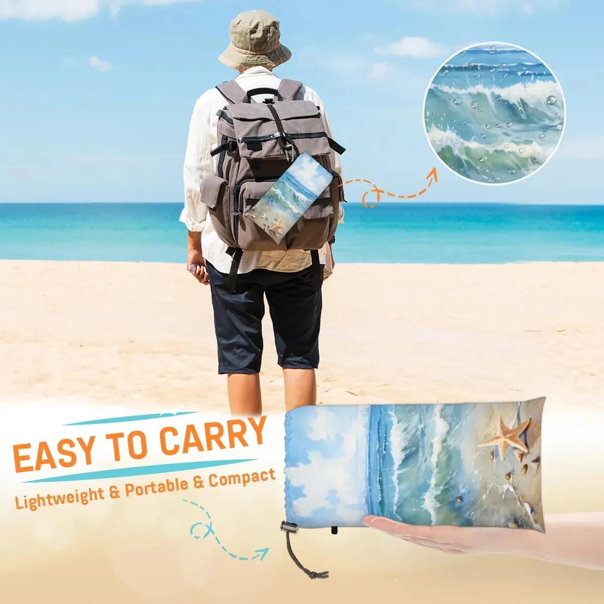 Starfish Beach Blanket, Sandproof Beach Mat, 68 x 59 Waterproof Quick Drying Sand Free Mat with 4 x Ground Spikes for Outdoor Travel Camping Hiking, Beach Starfish