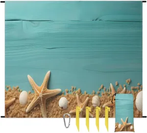 Starfish Seashells Beach Blanket, Sandproof Beach Mat, 68 x 59 Waterproof Quick Drying Sand Free Mat with 4 x Ground Spikes for Outdoor Travel Camping Hiking, Summer Beach