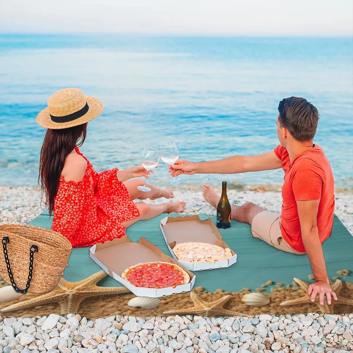 Starfish Seashells Beach Blanket, Sandproof Beach Mat, 68 x 59 Waterproof Quick Drying Sand Free Mat with 4 x Ground Spikes for Outdoor Travel Camping Hiking, Summer Beach