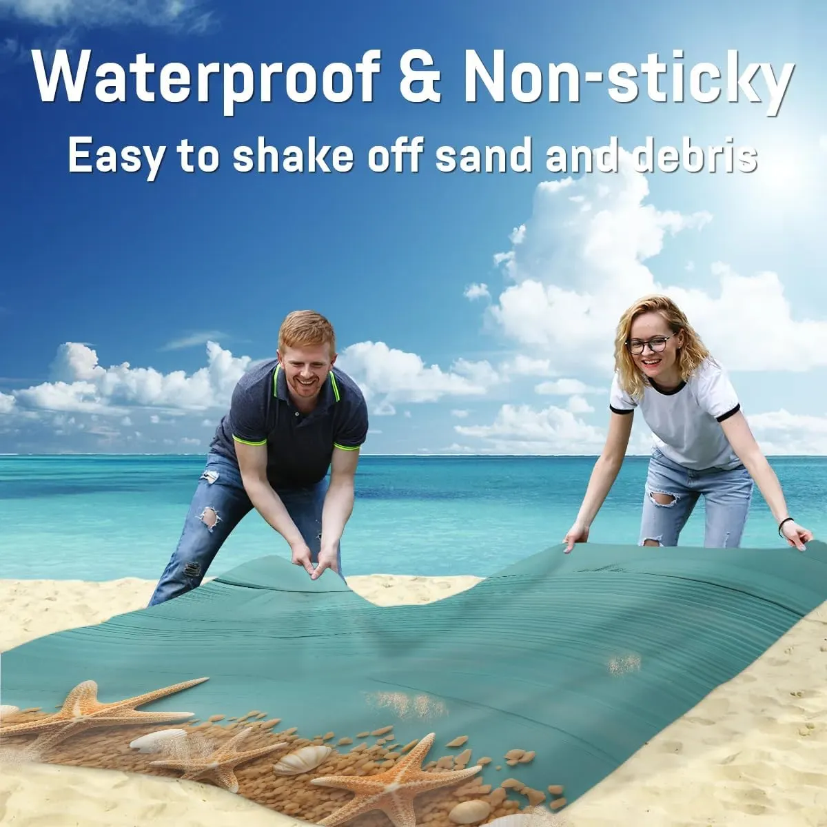 Starfish Seashells Beach Blanket, Sandproof Beach Mat, 68 x 59 Waterproof Quick Drying Sand Free Mat with 4 x Ground Spikes for Outdoor Travel Camping Hiking, Summer Beach