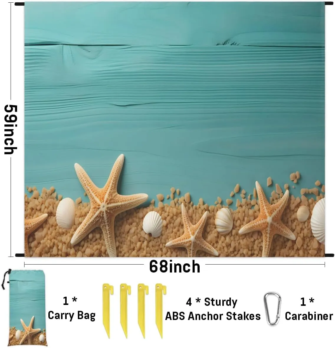 Starfish Seashells Beach Blanket, Sandproof Beach Mat, 68 x 59 Waterproof Quick Drying Sand Free Mat with 4 x Ground Spikes for Outdoor Travel Camping Hiking, Summer Beach