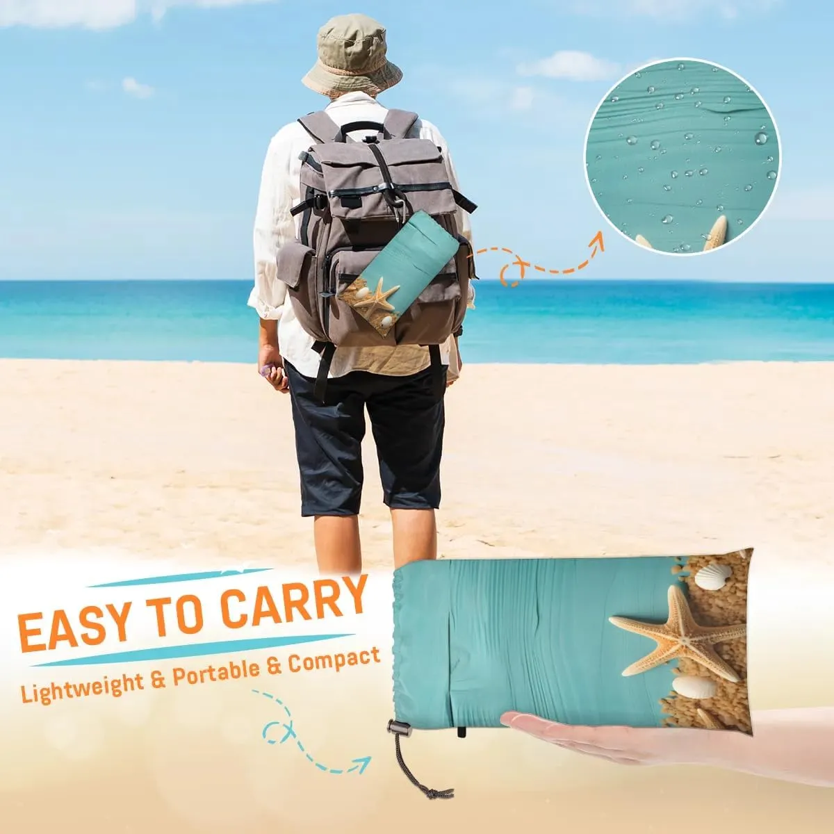 Starfish Seashells Beach Blanket, Sandproof Beach Mat, 68 x 59 Waterproof Quick Drying Sand Free Mat with 4 x Ground Spikes for Outdoor Travel Camping Hiking, Summer Beach
