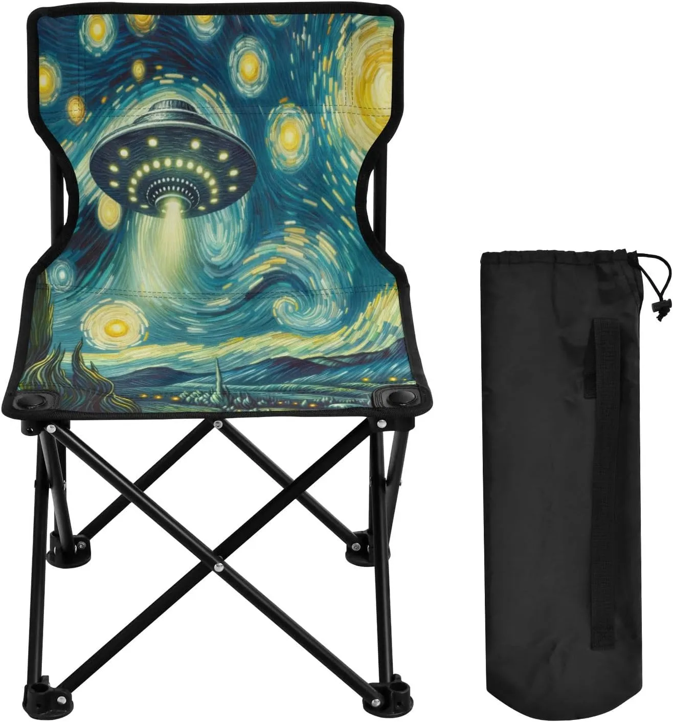 Starry Night Oil Portable Outdoor Folding Chair Anti-Slip Padded Oxford Cloth Stool Camping Chair Small for Beach Hiking Fishing Gardening Quad Camp Chair