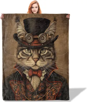 Steampunk Cat Throw Blanket 50"x60", Vintage Cat Blankets for Living Room Bedroom Decor, Soft Flannel Polyester Warm Cozy Gifts for Cat Lovers