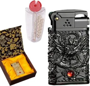 Steampunk Kerosene Lighter with Gift Box Match 7pcs Flints Lighters Accessories Set Unique Birthday Gifts (Color : Black)