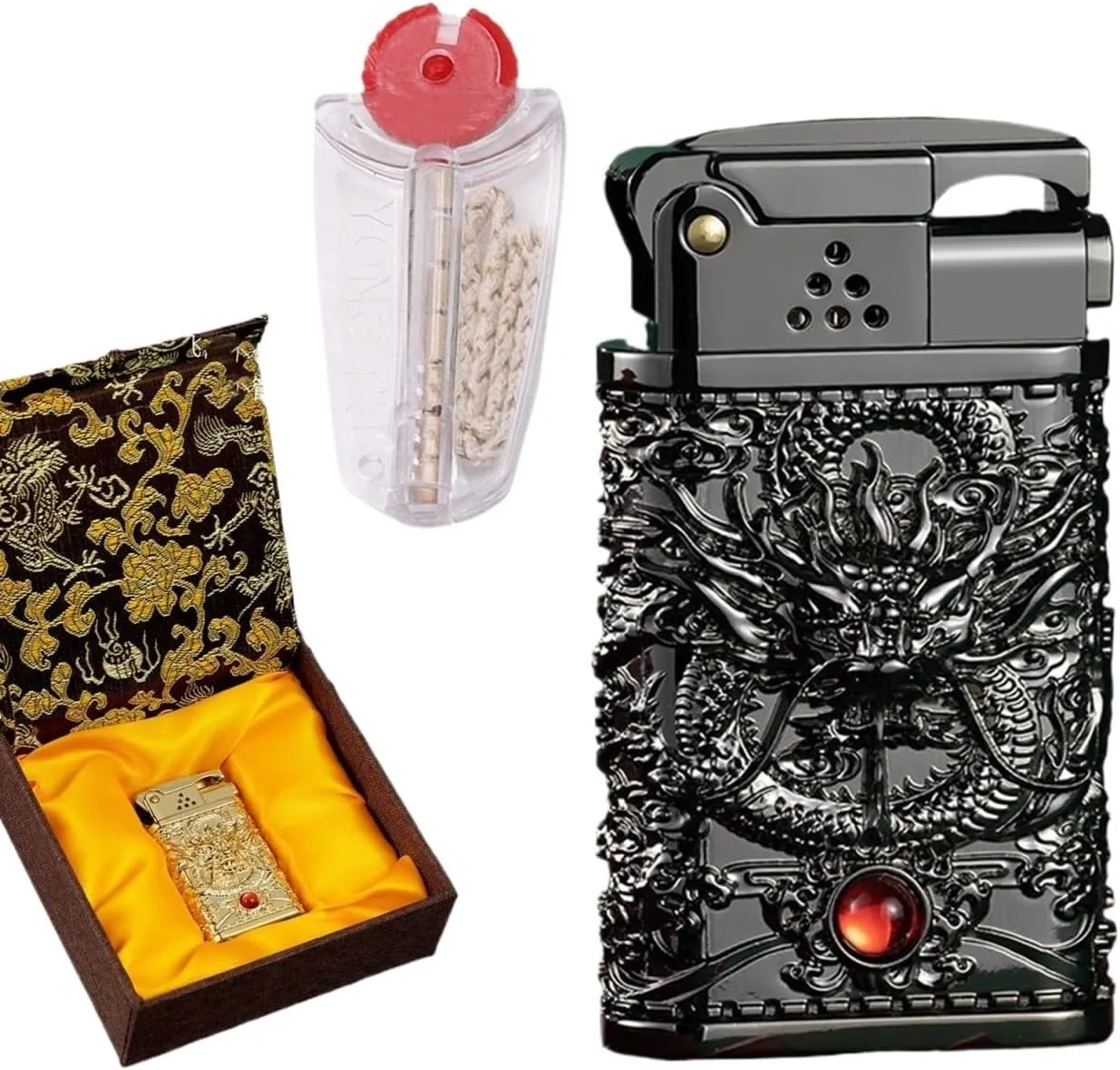 Steampunk Kerosene Lighter with Gift Box Match 7pcs Flints Lighters Accessories Set Unique Birthday Gifts (Color : Black)