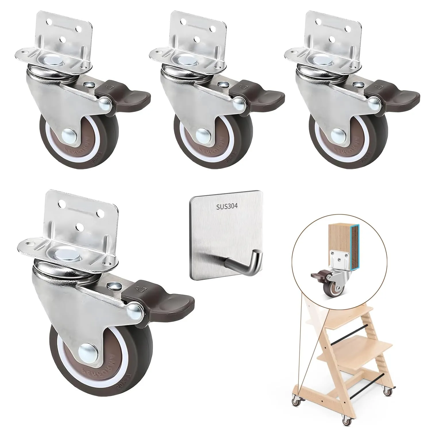 Stokke Tripp Trapp High Chair Booster Base Wheel Kit with Safety Locks, 360° Rotation, Counter Height Riser & Universal Boost Seat Replacement Parts (4 Pcs)​