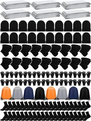 Suhine 120 Pcs Homeless Care Supplies Bulk Emergency Blankets Winter Gloves Beanies Neck Warmers Unisex Socks Drawstring Bags