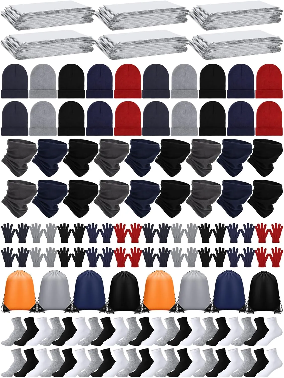 Suhine 120 Pcs Homeless Care Supplies Bulk Emergency Blankets Winter Gloves Beanies Neck Warmers Unisex Socks Drawstring Bags
