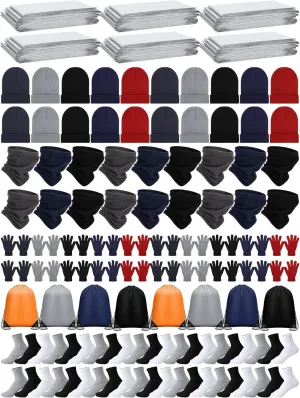 Suhine 120 Pcs Homeless Care Supplies Bulk Emergency Blankets Winter Gloves Beanies Neck Warmers Unisex Socks Drawstring Bags