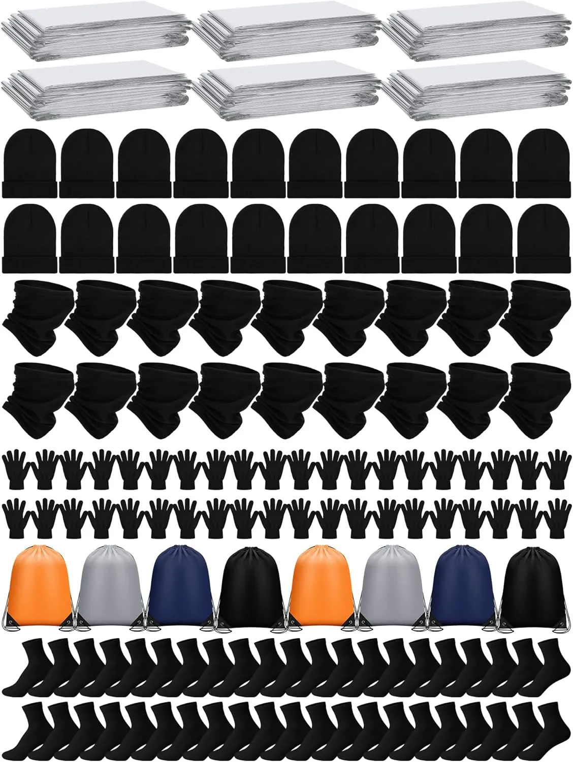 Suhine 120 Pcs Homeless Care Supplies Bulk Emergency Blankets Winter Gloves Beanies Neck Warmers Unisex Socks Drawstring Bags