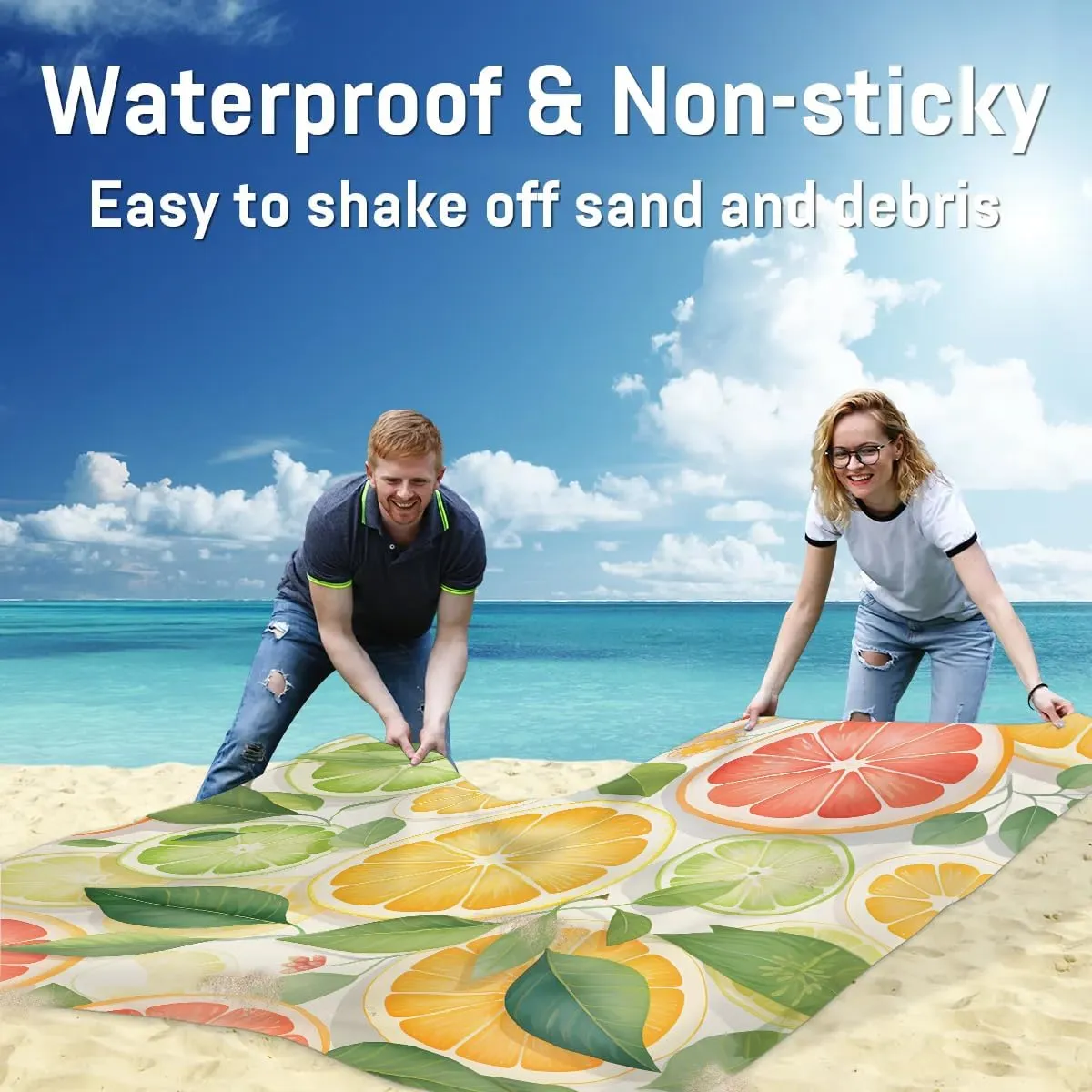 Summer Orange Beach Blanket, Sandproof Beach Mat, 68 x 59 Waterproof Quick Drying Sand Free Mat with 4 x Ground Spikes for Outdoor Travel Camping Hiking, Fruit