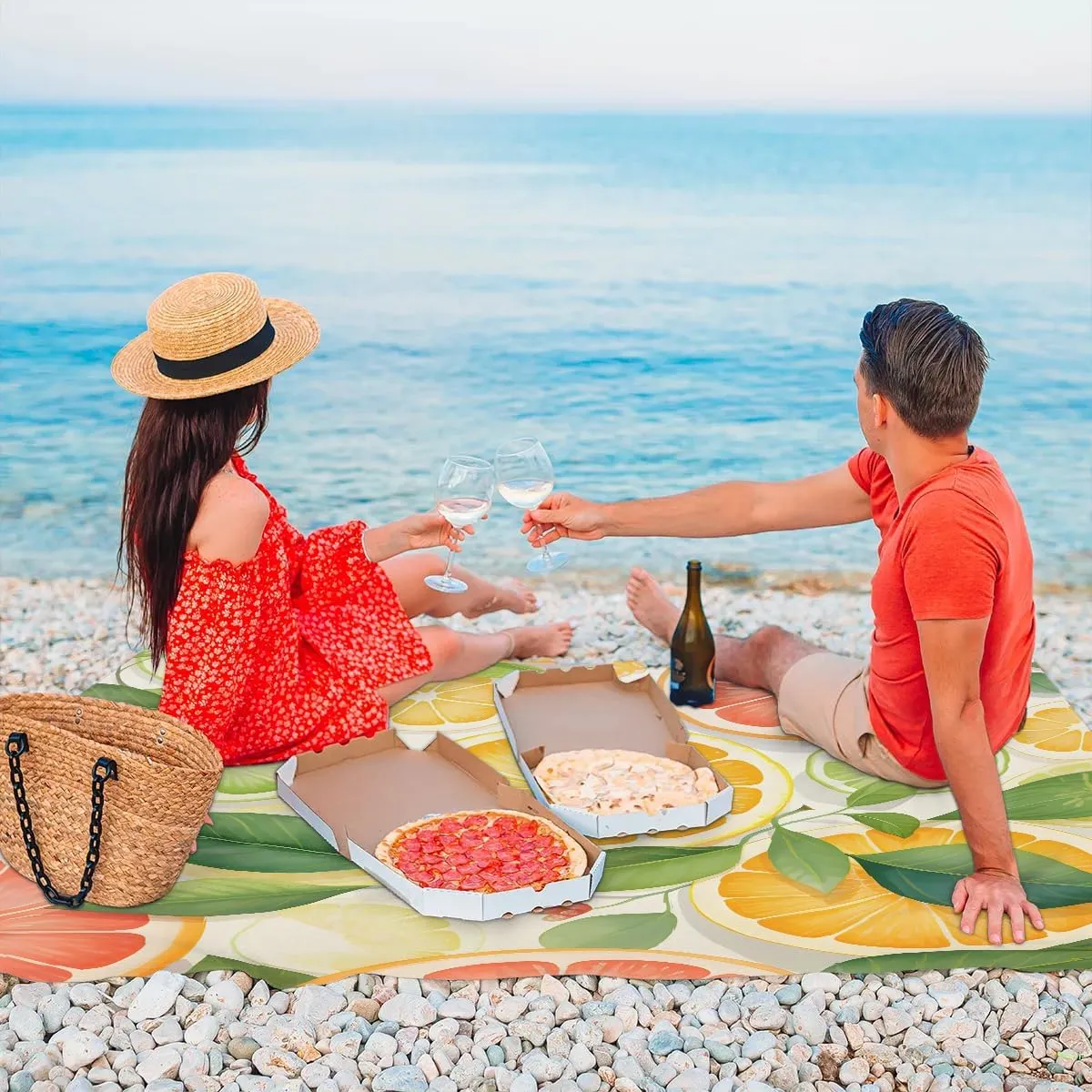 Summer Orange Beach Blanket, Sandproof Beach Mat, 68 x 59 Waterproof Quick Drying Sand Free Mat with 4 x Ground Spikes for Outdoor Travel Camping Hiking, Fruit