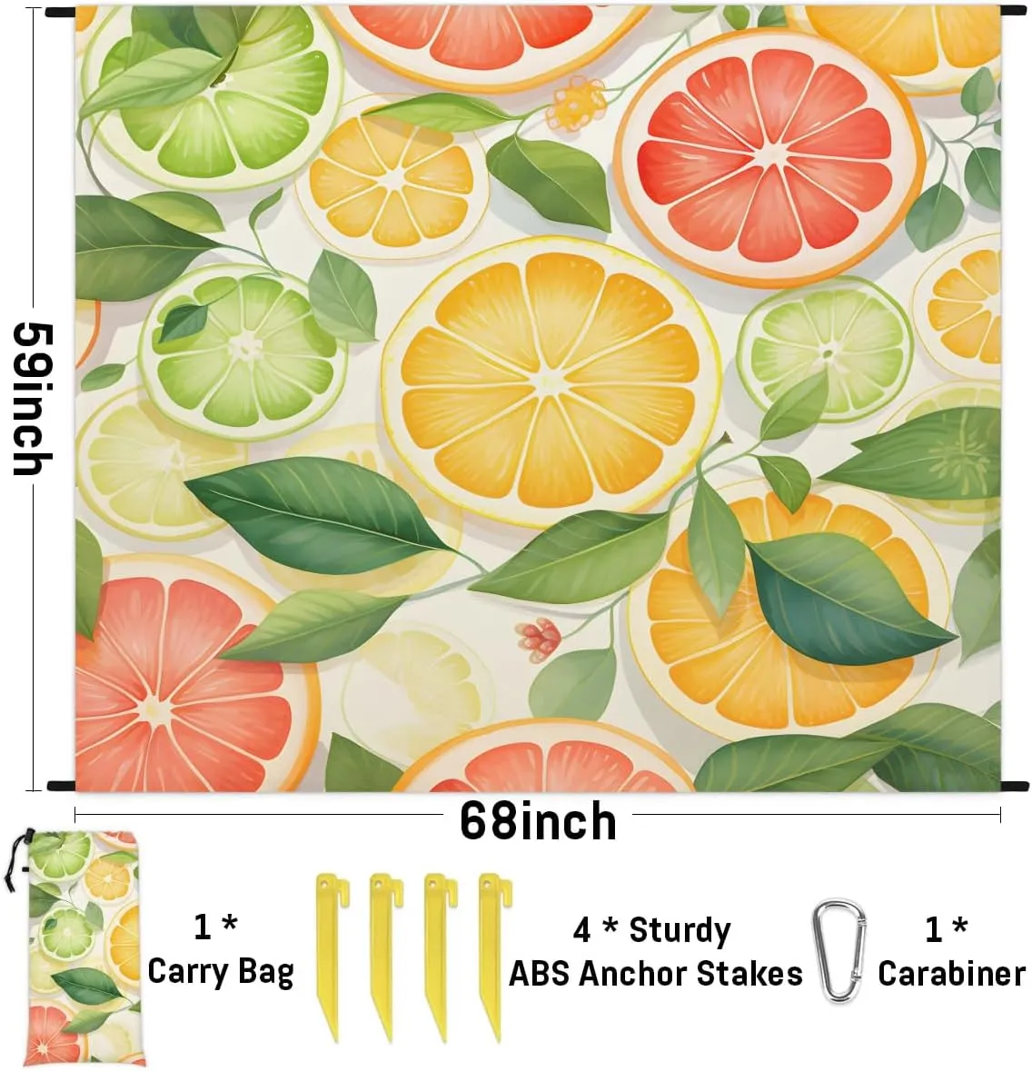 Summer Orange Beach Blanket, Sandproof Beach Mat, 68 x 59 Waterproof Quick Drying Sand Free Mat with 4 x Ground Spikes for Outdoor Travel Camping Hiking, Fruit