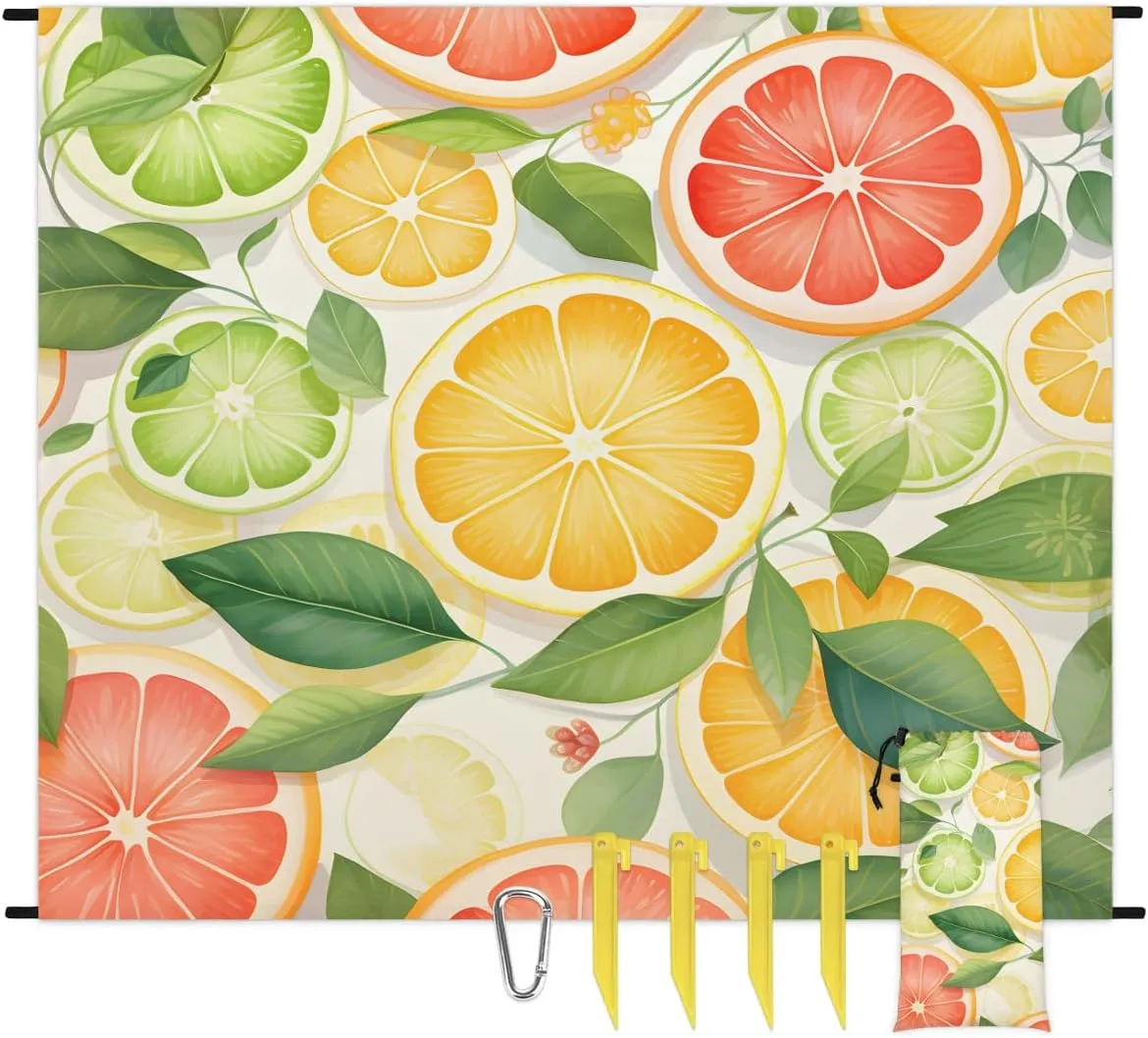 Summer Orange Beach Blanket, Sandproof Beach Mat, 68 x 59 Waterproof Quick Drying Sand Free Mat with 4 x Ground Spikes for Outdoor Travel Camping Hiking, Fruit