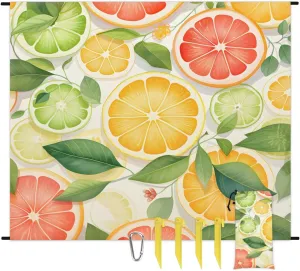 Summer Orange Beach Blanket, Sandproof Beach Mat, 68 x 59 Waterproof Quick Drying Sand Free Mat with 4 x Ground Spikes for Outdoor Travel Camping Hiking, Fruit