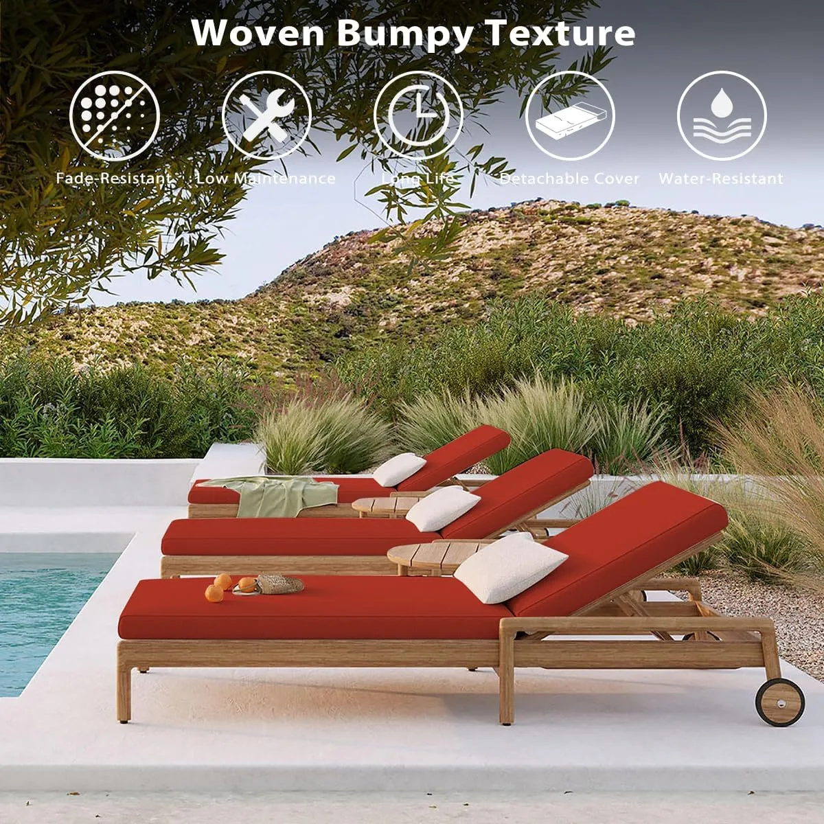 Sundale Outdoor Olefin Chaise Lounge Cushion, Water-Resistant Patio Lounge Chair Cushion, Thick Lounger Pad with 8 Straps Red, 80 x 26 x 4 Inches