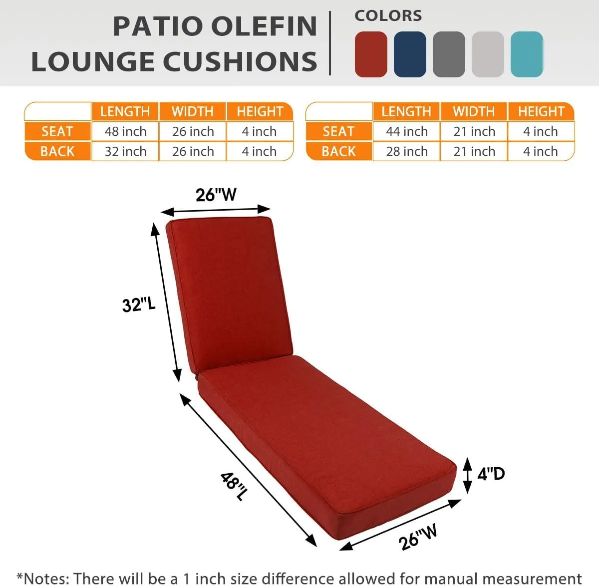Sundale Outdoor Olefin Chaise Lounge Cushion, Water-Resistant Patio Lounge Chair Cushion, Thick Lounger Pad with 8 Straps Red, 80 x 26 x 4 Inches