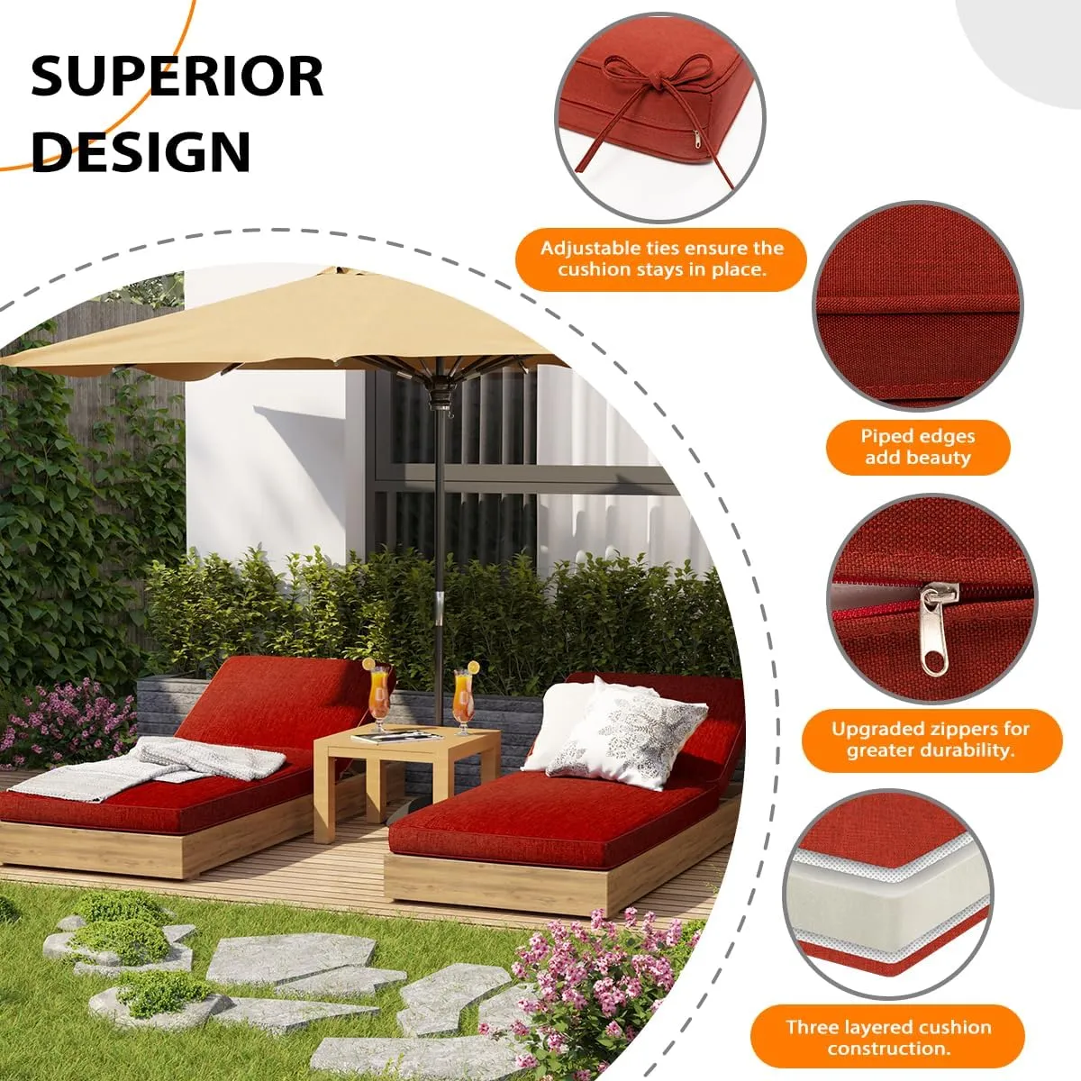 Sundale Outdoor Olefin Chaise Lounge Cushion, Water-Resistant Patio Lounge Chair Cushion, Thick Lounger Pad with 8 Straps Red, 80 x 26 x 4 Inches