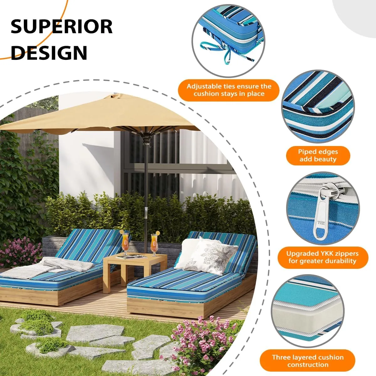 Sundale Outdoor Sunbrella Chaise Lounge Cushion, Patio Acrylic Lounge Chair Pad, Water-Resistant Lounger Cushion with Straps, 80 x 26 x 4 Inches - Dolce Oasis
