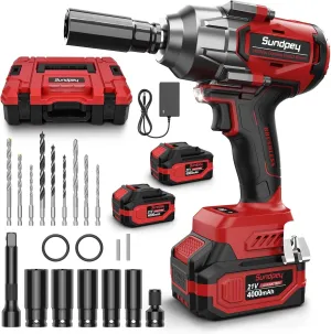 Sundpey Cordless Impact Wrench 1033Ft-lbs - 1400N·m High Torque Impact Gun - 21V Brushless Impact Driver with 2pcs 4.0Ah Battery & 5 Sockets & 9 Drill Bits & 1/2" Hexagonal Adapter for Car Truck Home