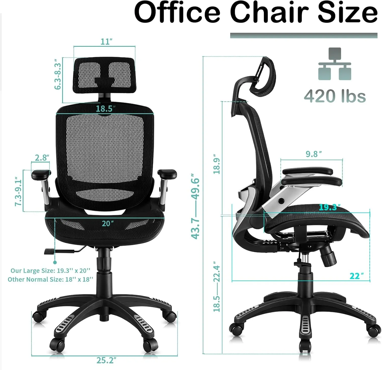 SUNNOW Ergonomic Office Chair, Mesh Home Desk Chair with Flip-Up Arms, 3D Headrest, 90°-120° Tilt Lock and Wide Cushion, High Back Big and Tall Computer Gaming Chairs, Swivel Executive Task Chair