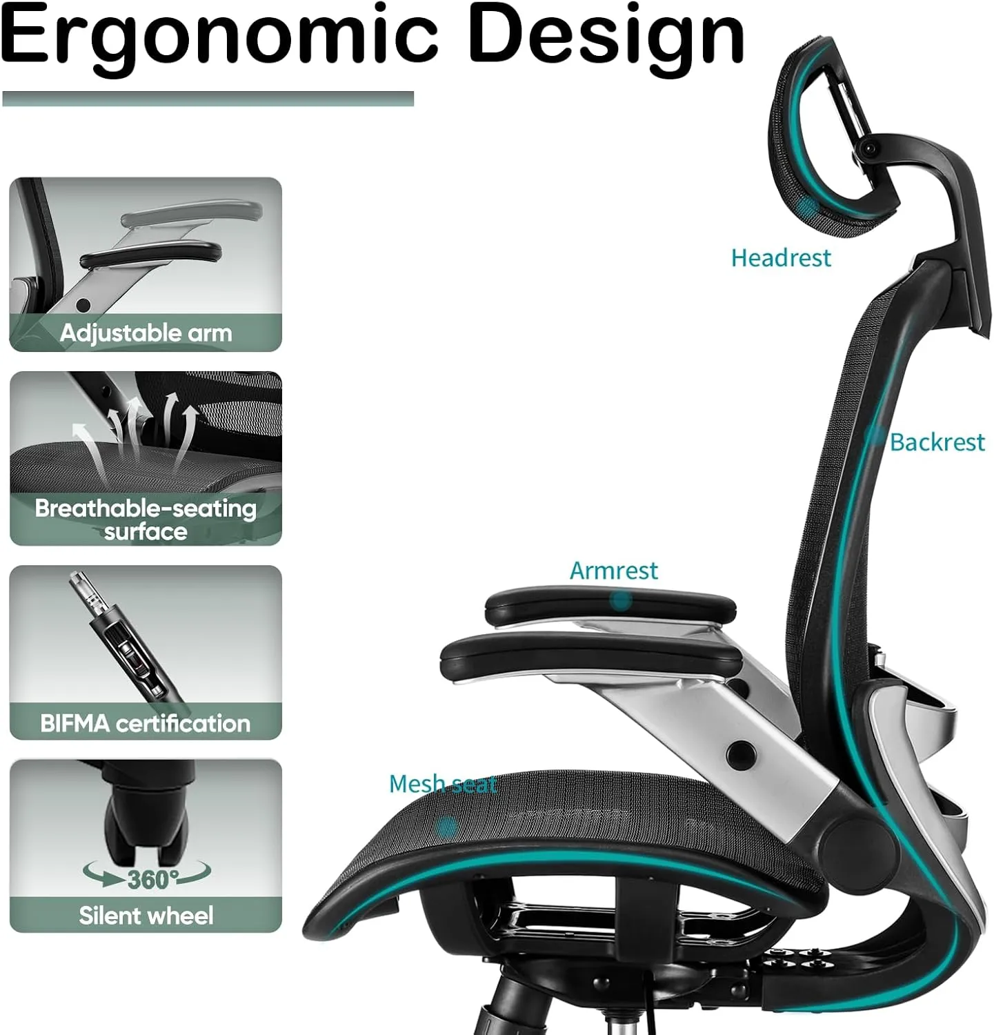 SUNNOW Ergonomic Office Chair, Mesh Home Desk Chair with Flip-Up Arms, 3D Headrest, 90°-120° Tilt Lock and Wide Cushion, High Back Big and Tall Computer Gaming Chairs, Swivel Executive Task Chair