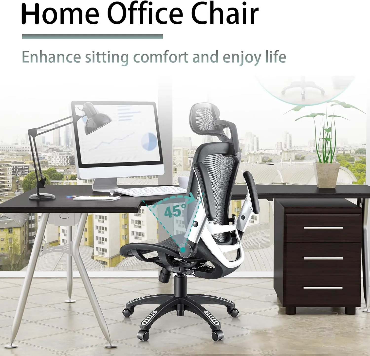 SUNNOW Ergonomic Office Chair, Mesh Home Desk Chair with Flip-Up Arms, 3D Headrest, 90°-120° Tilt Lock and Wide Cushion, High Back Big and Tall Computer Gaming Chairs, Swivel Executive Task Chair