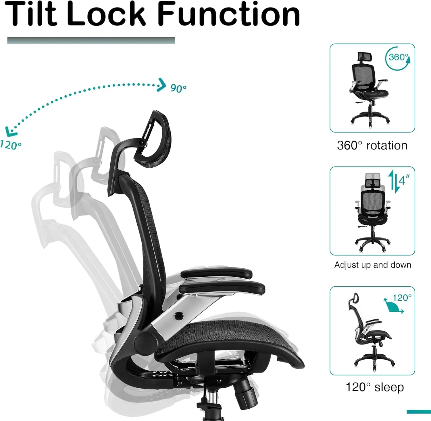 SUNNOW Ergonomic Office Chair, Mesh Home Desk Chair with Flip-Up Arms, 3D Headrest, 90°-120° Tilt Lock and Wide Cushion, High Back Big and Tall Computer Gaming Chairs, Swivel Executive Task Chair