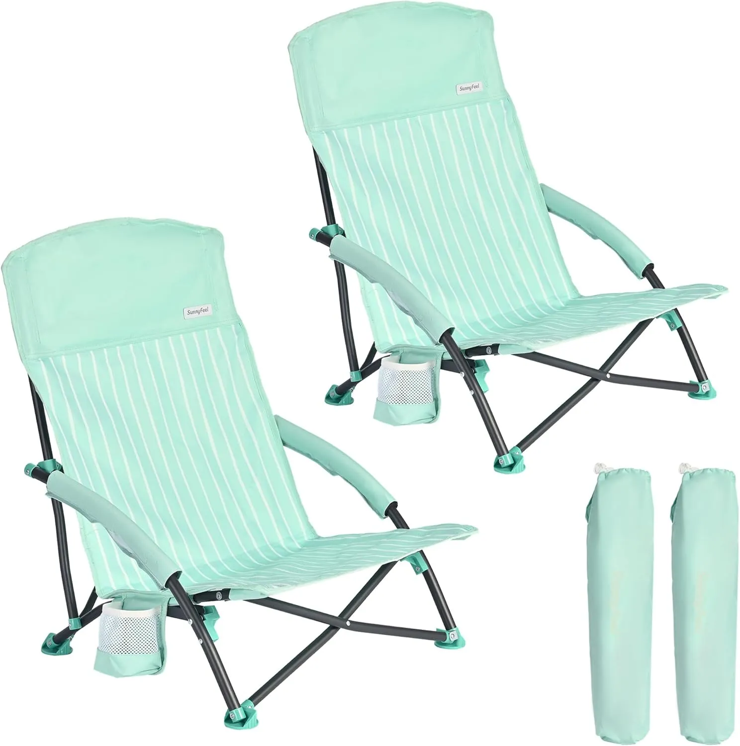 SUNNYFEEL Folding Low Camping Beach Chair 2 Pack, Lightweight Portable Lawn Chair with Mesh Back, Cup Holder for Outdoor/Travel/Picnic/Concert, Foldable Camp Backpack Chair with Carry Bag