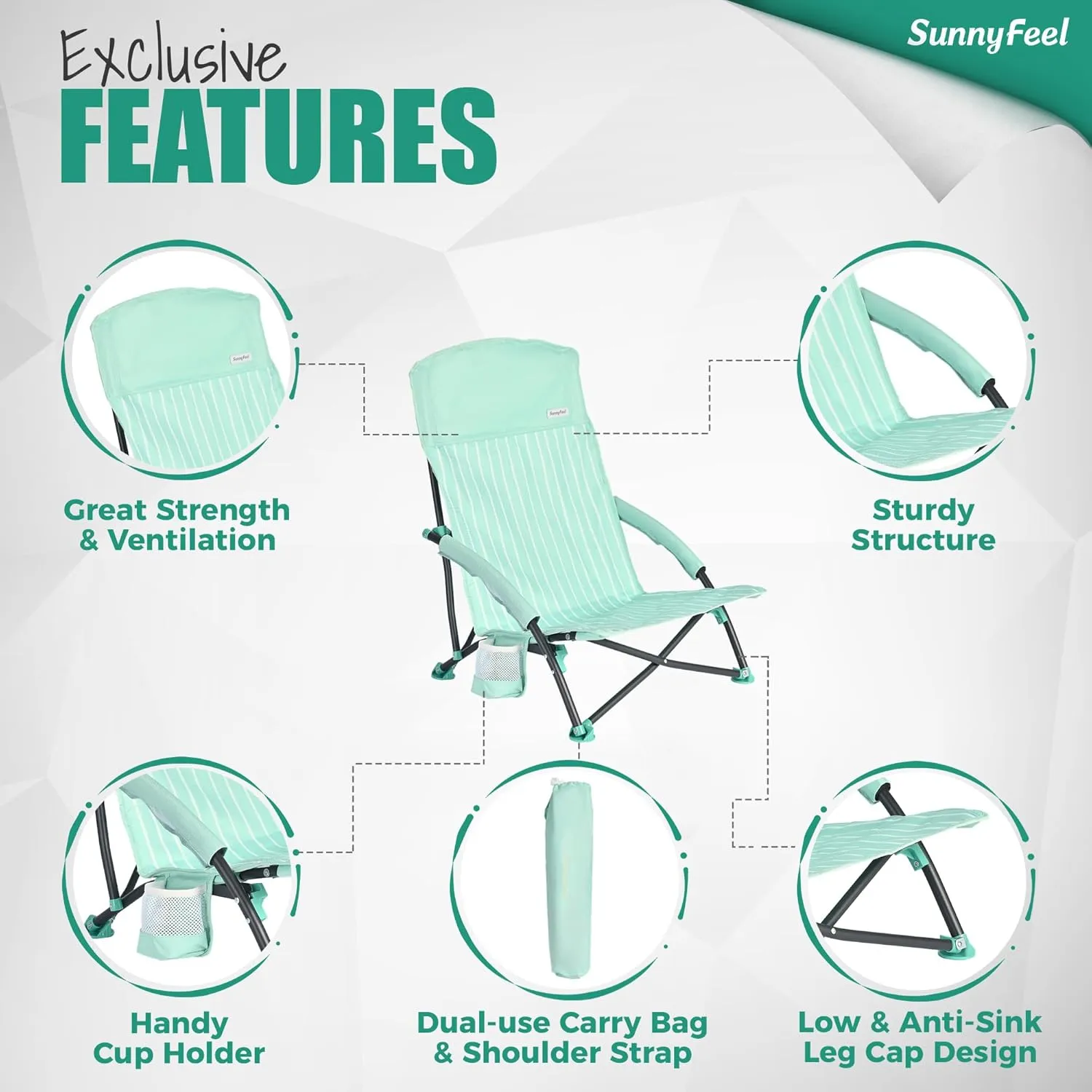 SUNNYFEEL Folding Low Camping Beach Chair 2 Pack, Lightweight Portable Lawn Chair with Mesh Back, Cup Holder for Outdoor/Travel/Picnic/Concert, Foldable Camp Backpack Chair with Carry Bag