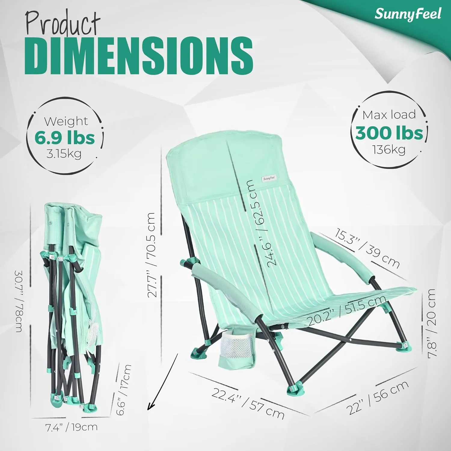 SUNNYFEEL Folding Low Camping Beach Chair 2 Pack, Lightweight Portable Lawn Chair with Mesh Back, Cup Holder for Outdoor/Travel/Picnic/Concert, Foldable Camp Backpack Chair with Carry Bag