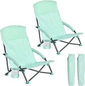 SUNNYFEEL Folding Low Camping Beach Chair 2 Pack, Lightweight Portable Lawn Chair with Mesh Back, Cup Holder for Outdoor/Travel/Picnic/Concert, Foldable Camp Backpack Chair with Carry Bag