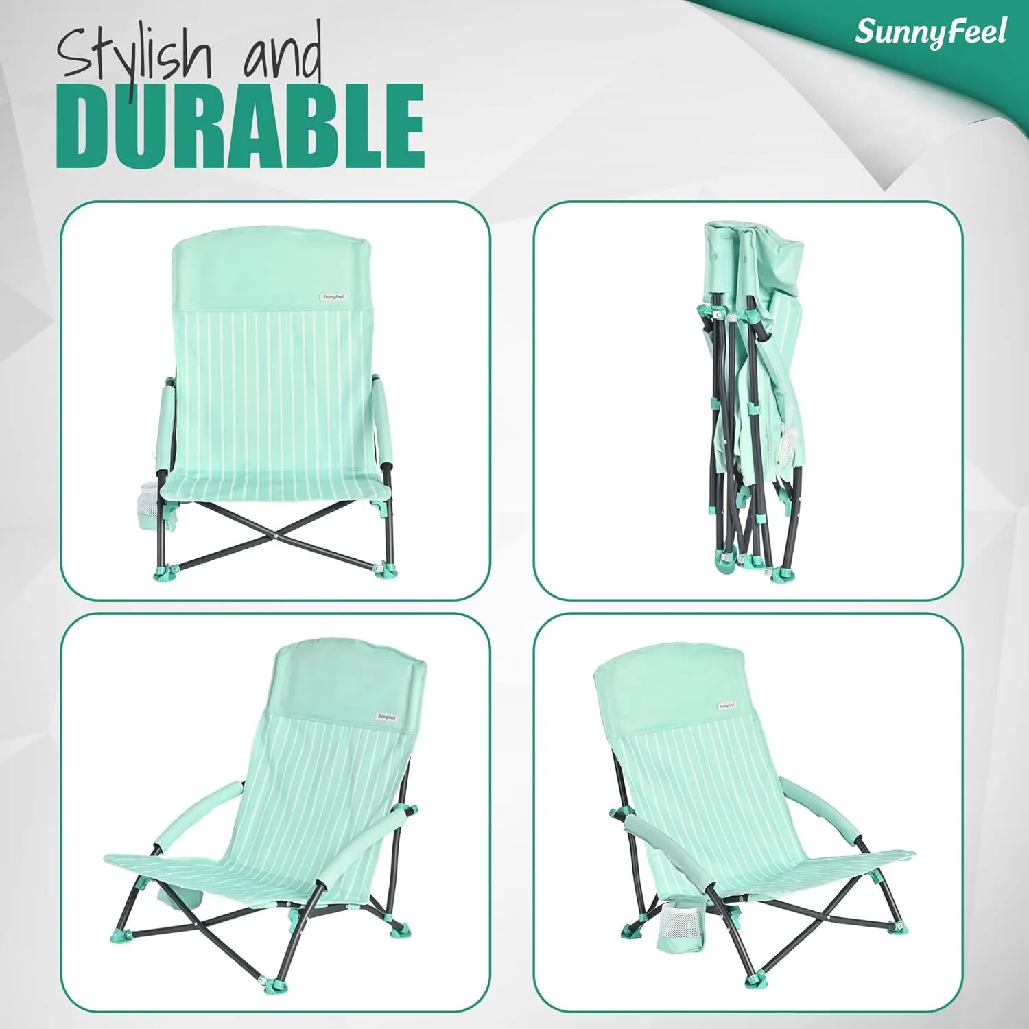 SUNNYFEEL Folding Low Camping Beach Chair 2 Pack, Lightweight Portable Lawn Chair with Mesh Back, Cup Holder for Outdoor/Travel/Picnic/Concert, Foldable Camp Backpack Chair with Carry Bag