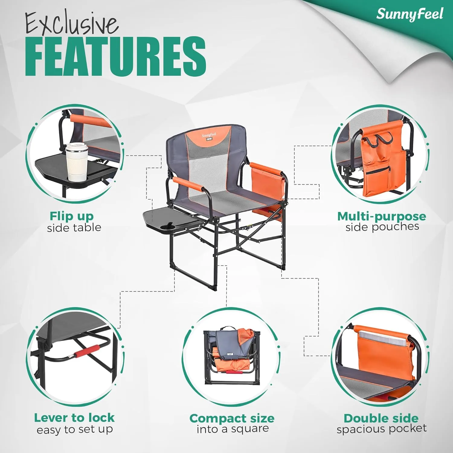 SUNNYFEEL Oversized Camping Directors Chair 2 Pack, Portable Folding Lawn Chairs for Adults Heavy Duty with Side Table,Pocket for Beach, Fishing,Picnic,Concert Outdoor, Foldable Camp Chairs