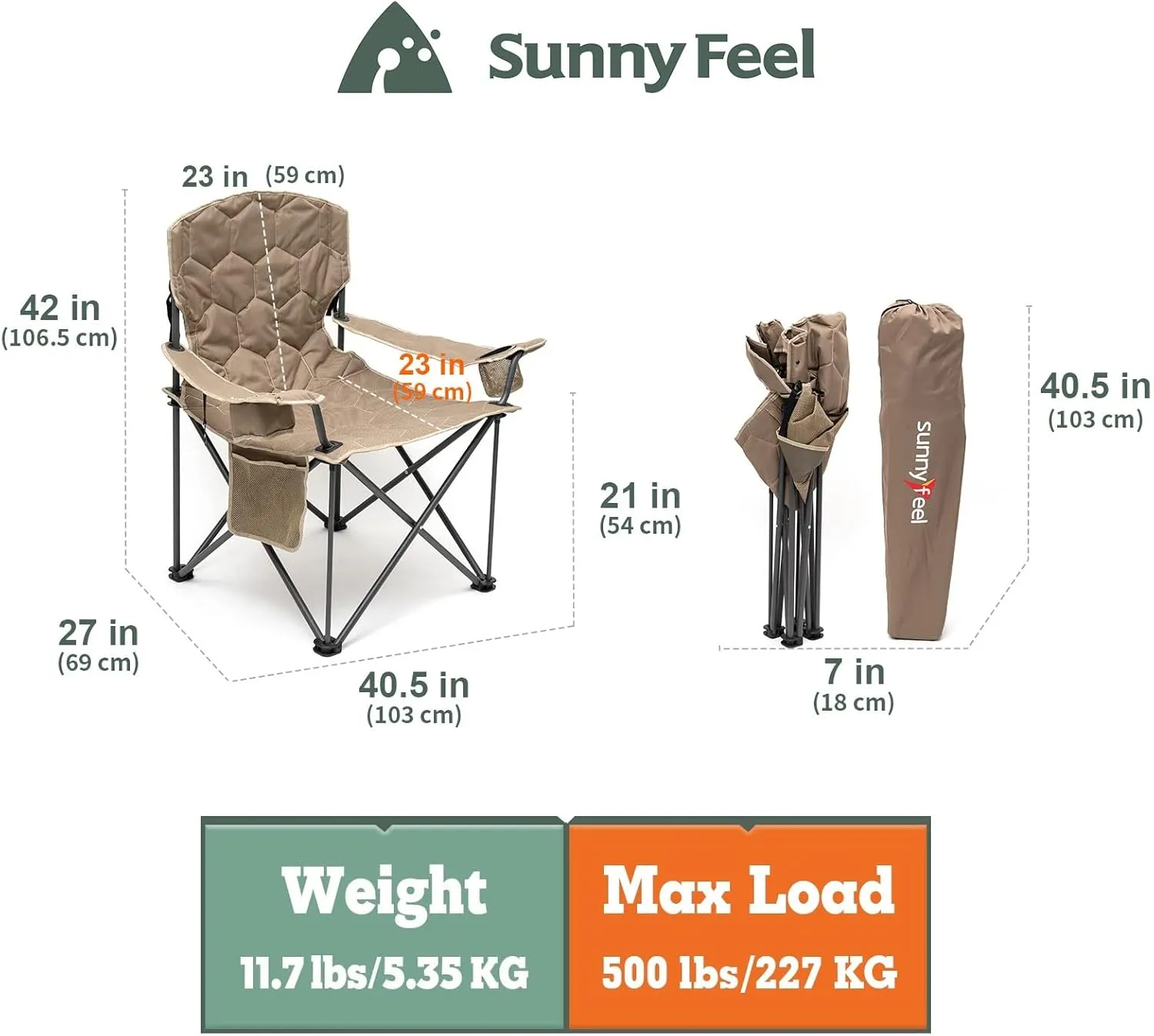 SUNNYFEEL XXL Oversized Camping Chair Heavy Duty 500 LBS for Big Tall People Above 6'4 Padded Portable Folding Sports Lawn Chairs with Armrest Cup Holder & Pocket for Outdoor/Travel/Picnic/Camp