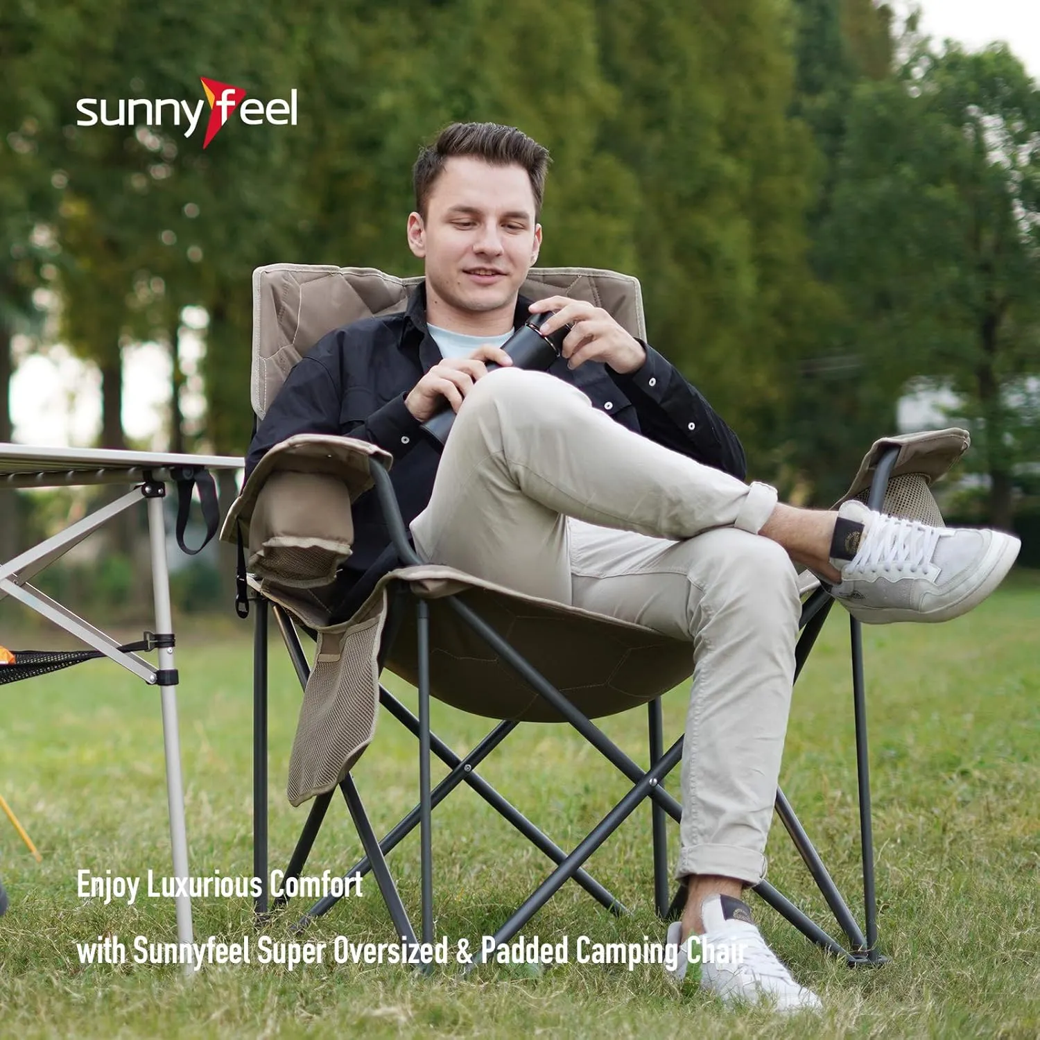 SUNNYFEEL XXL Oversized Camping Chair Heavy Duty 500 LBS for Big Tall People Above 6'4 Padded Portable Folding Sports Lawn Chairs with Armrest Cup Holder & Pocket for Outdoor/Travel/Picnic/Camp