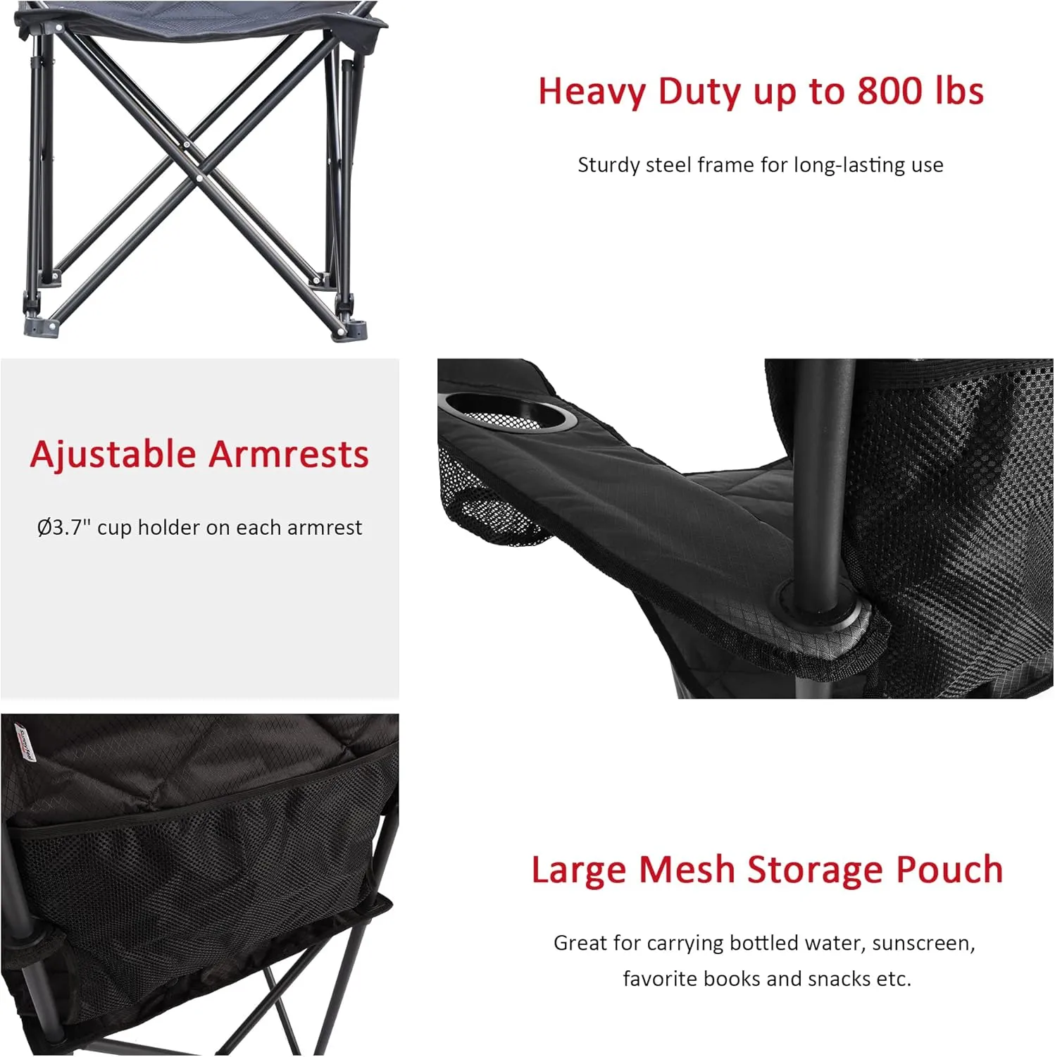 SUNNYFEEL XXL Oversized Camping Chair Heavy Duty 800 LBS for Big Tall People Above 6'4 Padded Portable Folding Sports Lawn Chairs with Armrest Cup Holder & Pocket for Outdoor/Travel/Picnic/Camp